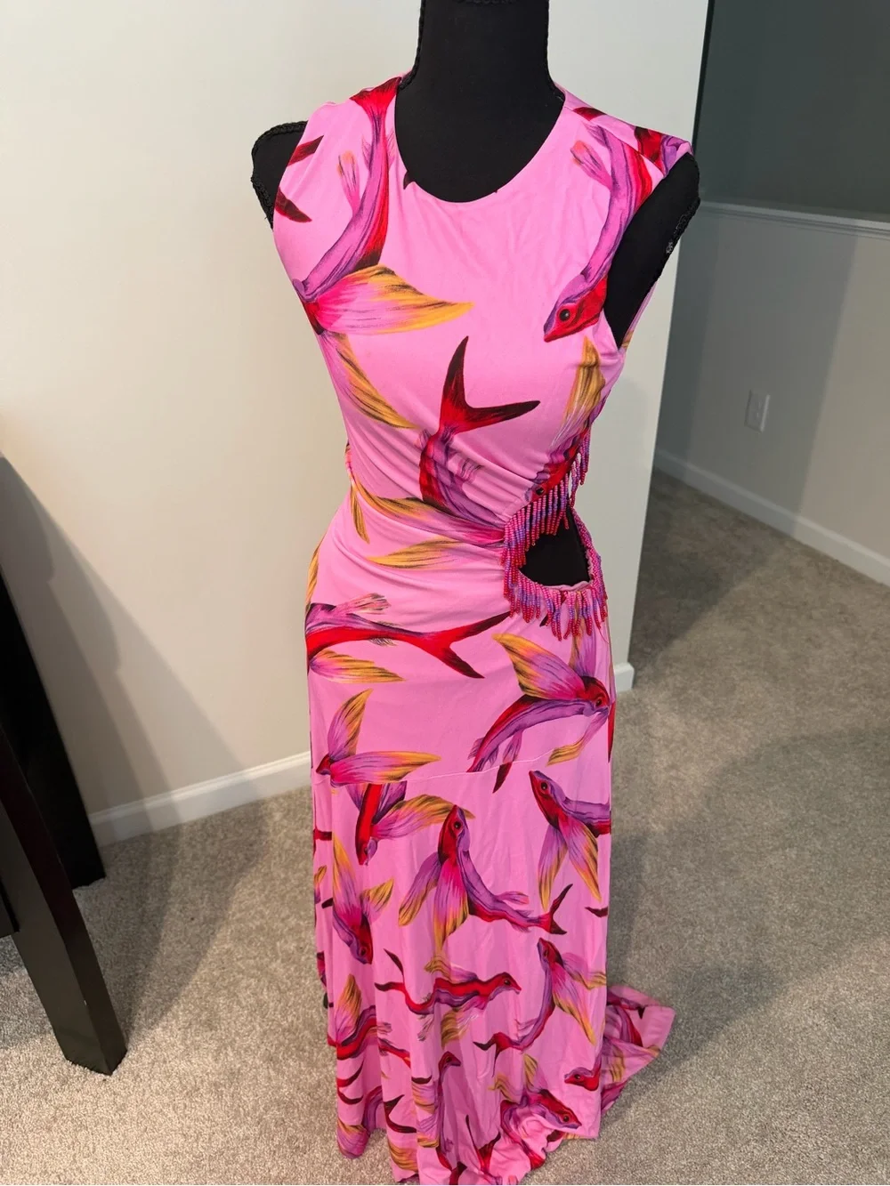 FARM Rio Pink Rare Tropical Cutout Maxi Dress with Red and Yellow Accents - Picture 2 of 5